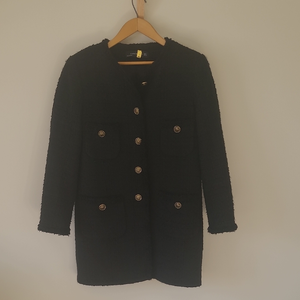 Zara Black Tweed Long Blazer with Gold Buttons